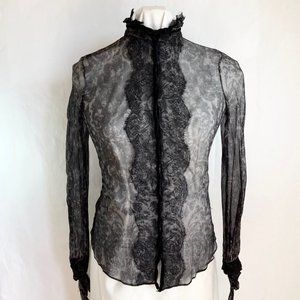 Elie Tahari Silk Sheer Print Crinkled Mesh Lace Front Goth Evening Top Sz S/P
